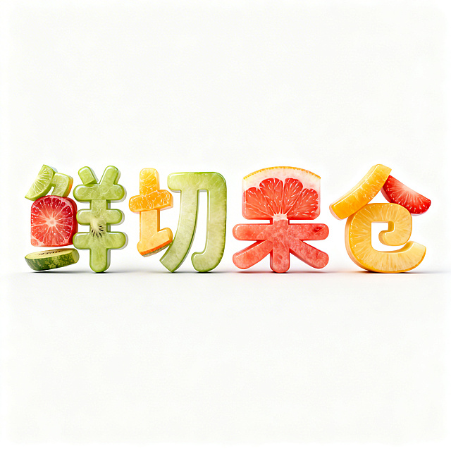 干净的纯白色背景。
3D艺术字体设计，四个字"鲜切果仓"，所有文字单行横向排列，笔画圆润饱满，"鲜切"和"果仓"之间自然连接，字体整体由新鲜切片的多种鲜果果肉拼接构成，呈现出鲜嫩多汁的果肉纹理，果肉色彩鲜亮自然，果香诱人，结构符合新鲜水果的物理特性，所有果肉元素都收敛在文字轮廓内。
比例1:1。