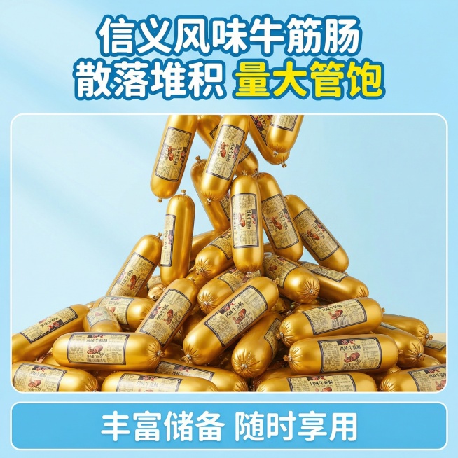 我的产品是牛筋肠，帮我做10张主图产品堆积起来突出产品多预览效果