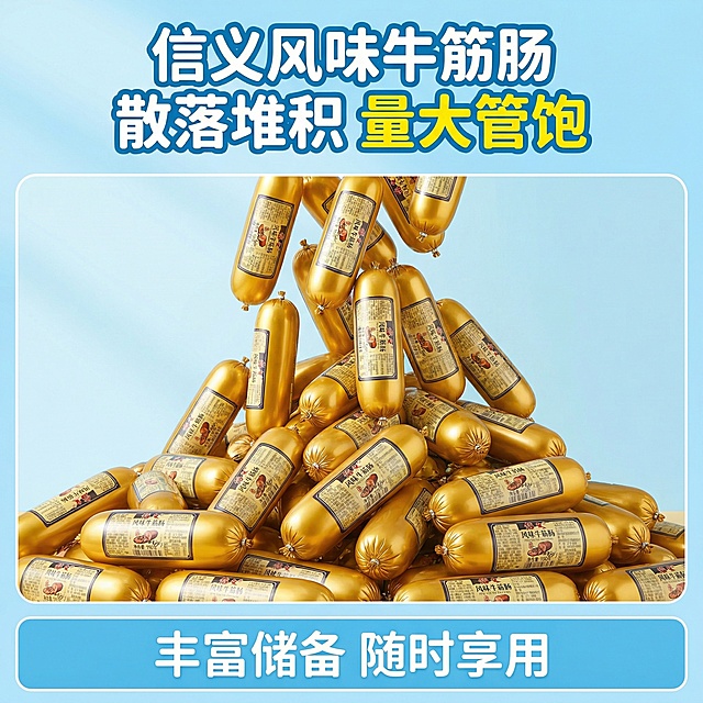 我的产品是牛筋肠，帮我做10张主图产品堆积起来突出产品多