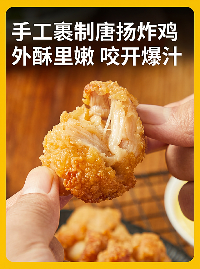 参考第一张图的日式美食海报风格，修改这张唐扬炸鸡海报的文字，将文字替换为：手工裹制唐扬炸鸡，外酥里嫩 咬开爆汁，保持图片高清不变形不扭曲，保留原炸鸡展示和暖黄色调风格