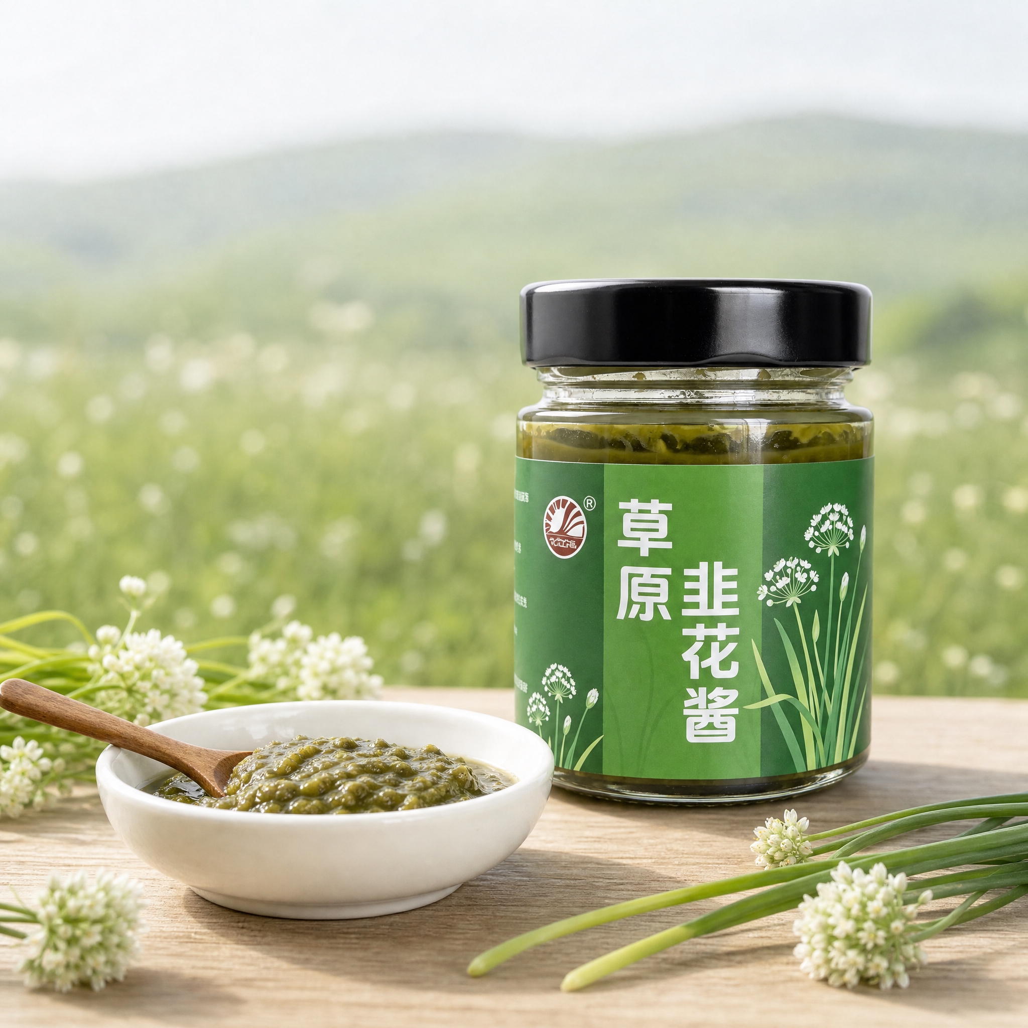 [主图1] 产品全景场景图，完整展示草原韭花酱玻璃瓶，旁边放一… - 图片创意预览