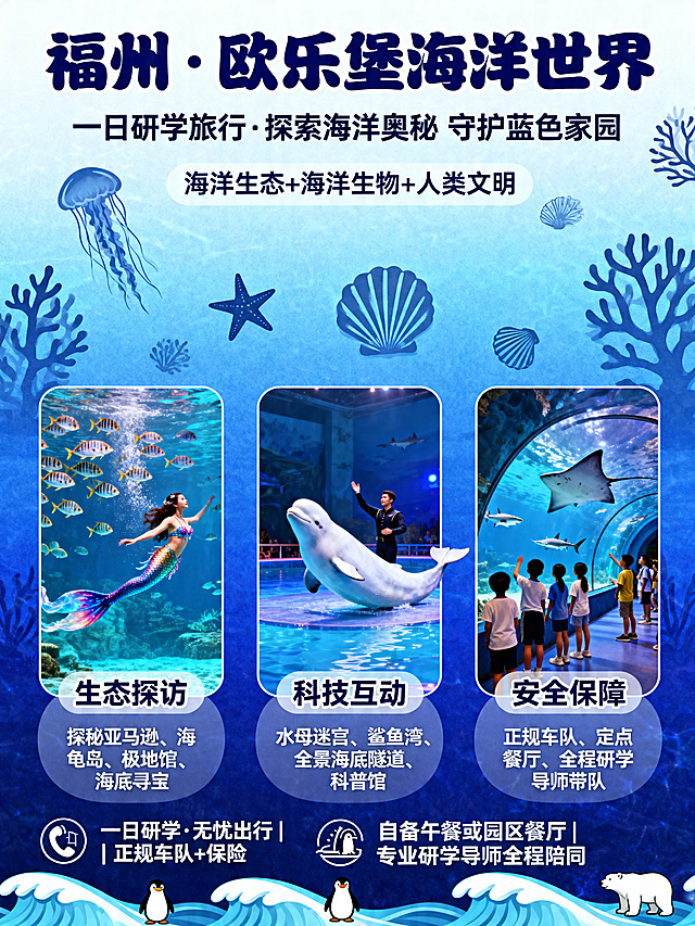 竖版研学旅行海报，整体风格为海洋蓝白渐变主色调，现代活泼适合中小学生，整体尺寸竖版3:4比例，高清适合打印。
布局结构：顶部大标题“福州 · 欧乐堡海洋世界”，副标题“一日研学旅行 · 探索海洋奥秘 守护蓝色家园”，标题下方用白色半透明圆角框展示一句话简介“海洋生态 + 海洋生物 + 人类文明”。四个核心模块采用四个圆角卡片布局，内容分别是：1.【生态探访】探秘亚马逊、海龟岛、极地馆、海底寻宝 2.【科技互动】水母迷宫、鲨鱼湾、全景海底隧道、科普馆 3.【实践探究】研学手册 + 小组任务 + 海洋知识大讲堂 4.【安全保障】正规车队、定点餐厅、全程研学导师带队。中间区域三图拼贴，左图是梦幻唯美的人鱼奇缘剧场水下表演，美人鱼与鱼群共舞，中图是白鲸与驯养师在水上华尔兹表演白鲸奇遇剧场，右图是孩子们在180度海底隧道仰望鲨鱼和鳐鱼。底部信息条，左侧图标+文字“一日研学 · 无忧出行 | 正规车队 + 保险”，右侧图标+文字“自备午餐或园区餐厅 | 专业研学导师全程陪同”。角落装饰元素：背景加入水母、海星、贝壳、珊瑚剪影，底部海浪纹样，点缀小企鹅、北极熊等极地动物图标。字体要求：标题用粗圆体或手写风格，主色调为深蓝 + 白色，正文用清晰无衬线字体黑体或微软雅黑。