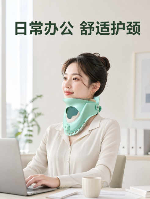 [主图-4] 颈托产品使用场景展示；
[氛围风格] 生活化暖心场景，真实自然；
[画质] 商业摄影质感、光线柔和通透、产品清晰真实、画面干净高级。保持颈托产品本身的外观结构颜色材质与输入产品图绝对一致预览效果