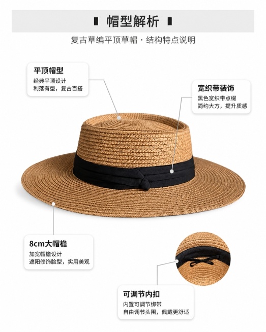 [第3屏] 版型解析页-复古草编平顶草帽结构特点说明。本屏使用【图4】作为产品主体参考。
[标题版式] 顶部浅灰条带标题，引线标注用圆角白底标签，文字清晰不突兀，整体整洁工整。
[氛围/风格] 简约干预览效果