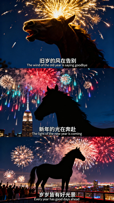 三宫格图，横向三宫格，主体为马的剪影，三格高度完全相等，背景是跨年夜晚的城市天际线，绚烂烟花在夜空绽放，光影映射在马的轮廓上，马呈昂首张嘴的说话姿态，整体色调为深邃藏蓝与璀璨金红交织。第一张（特写）：预览效果