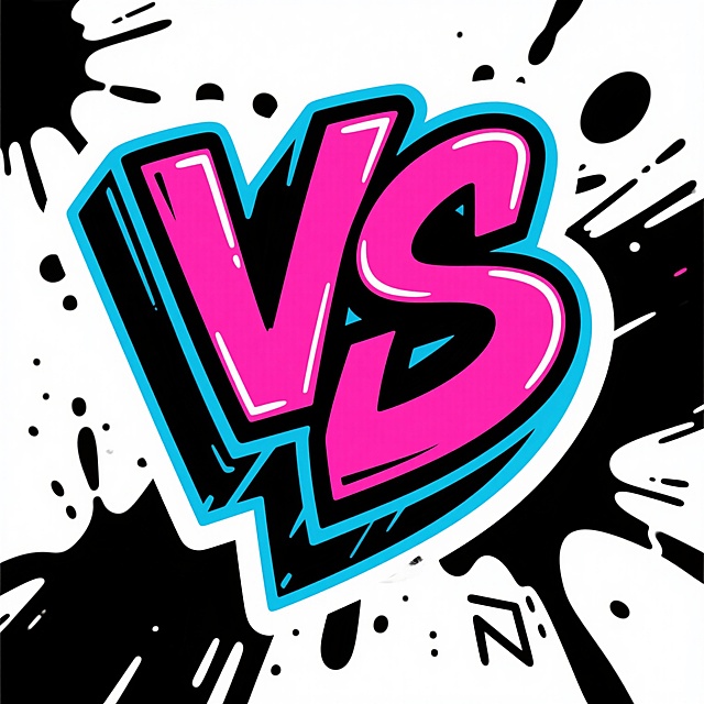 一个以白色为背景的VS标志设计，采用街头涂鸦风格，字母"V"和"S"以粗犷的黑色轮廓勾勒，内部填充鲜艳的霓虹粉色和霓虹蓝色，边缘带有白色高光和黑色阴影，呈现出强烈的街头艺术感和视觉冲击力，字母周围环绕着不规则的黑色喷溅状笔触和几何图形元素，整体设计充满动感与叛逆精神，色彩对比鲜明且具有现代街头文化气息。