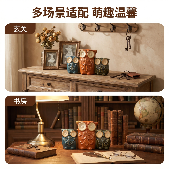 [主图 5] 连体猫头鹰陶瓷摆件多场景搭配展示
[氛围风格] 美式复古风，温馨生活感
[画质] 商业摄影质感，光线柔和通透，产品清晰真实，画面干净高级
[元素] 画中画拼图展示两个搭配场景：上半部分展预览效果