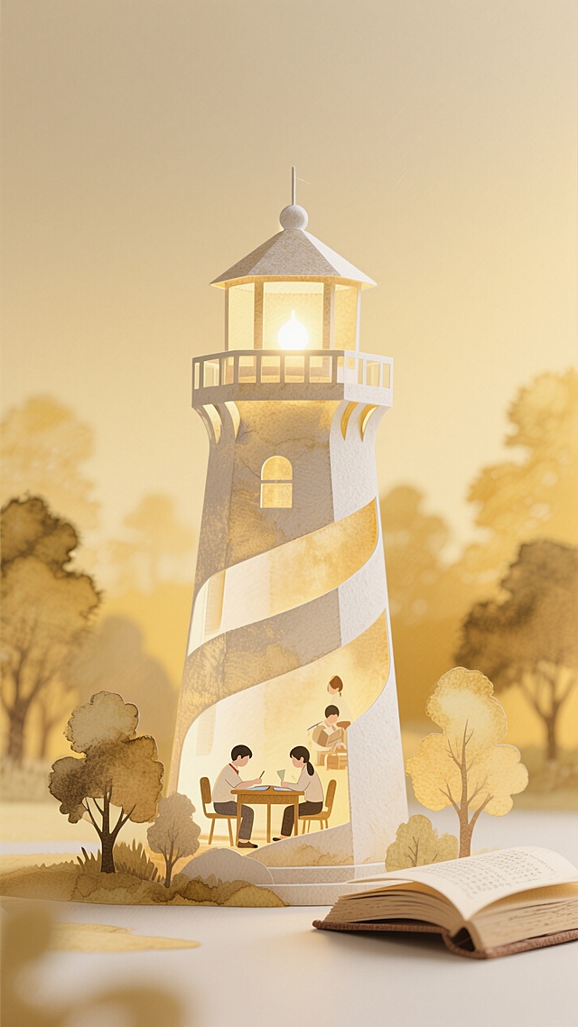梦幻插画风，微缩艺术展现灯塔内温馨场景，暖色调营造秋日书香氛围。