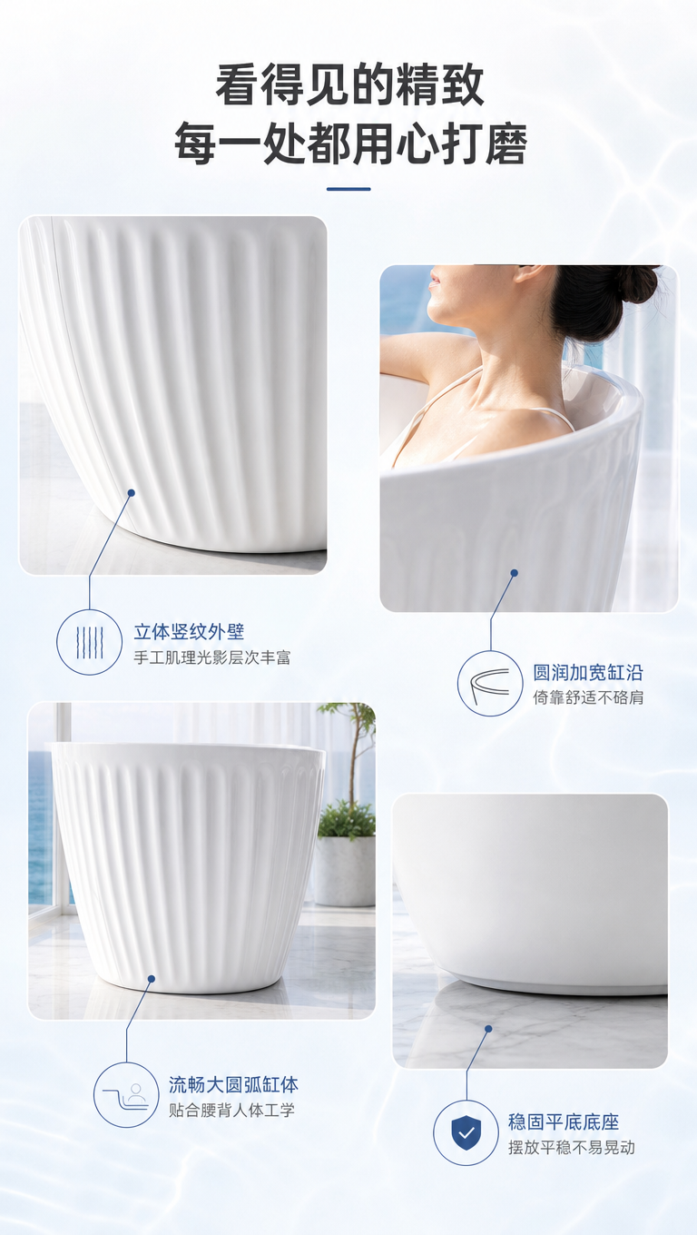 [商品] 使用【图1】澜境浮雕独立浴缸；保留白色竖纹肌理、椭圆… - 图片创意预览
