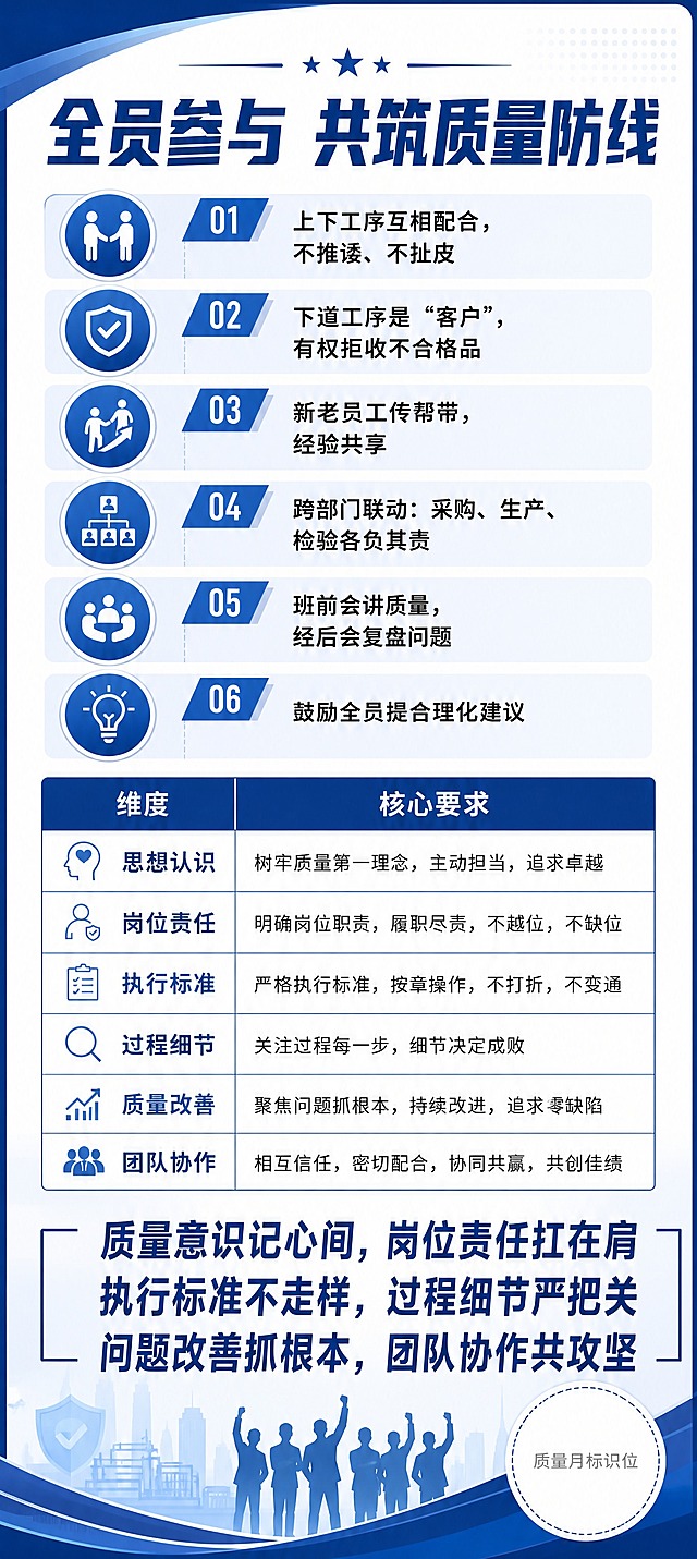 全国质量月质量管理知识宣传三折页第6页（团队协作+总结），竖版构图，商务蓝白风格，深蓝主色调，专业严谨大气，风格统一。主标题："全员参与 共筑质量防线"。上半部分六个要点竖向排列：1.上下工序互相配合，不推诿、不扯皮 2.下道工序是"客户"，有权拒收不合格品 3.新老员工传帮带，经验共享 4.跨部门联动：采购、生产、检验各负其责 5.班前会讲质量，班后会复盘问题 6.鼓励全员提合理化建议。中间总结表格，两列六行：维度列（思想认识/岗位责任/执行标准/过程细节/质量改善/团队协作）和核心要求列，表格线条清晰。底部大号字突出质量管理口诀："质量意识记心间，岗位责任扛在肩 执行标准不走样，过程细节严把关 问题改善抓根本，团队协作共攻坚"。右下角预留质量月标识位。版式精美，排版规整，竖版长构图