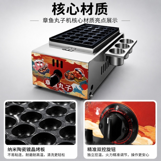 [主图-2] 章鱼丸子机核心材质亮点展示
[氛围风格] 技术解析清晰直观，专业可信
[画质] 商业摄影质感，产品细节清晰锐利，画面干净通透
[元素] 章鱼丸子机主体占据画面中心，突出纳米陶瓷镀晶烤板核预览效果