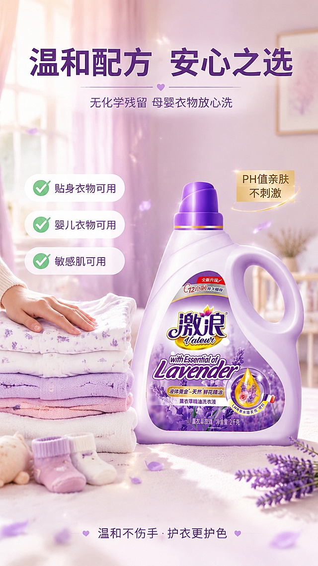 [第6屏] 详情页温和配方-无化学残留母婴安心使用场景。本屏使用【图1】作为产品展示。
[氛围/风格] 温馨安心母婴风，暖紫色调，柔和温暖商业摄影质感。
[元素布局] 画面中央偏右放置洗衣液瓶占比约35%；左侧展示温馨场景：叠放整齐的婴儿衣物、柔软毛巾、婴儿小袜子；一位妈妈的手轻轻抚摸柔软的衣物；背景为温馨的卧室一角，浅紫色窗帘，柔和光线；空气中有淡紫色香氛微粒；产品瓶身与输入图一致。
[光影质感] 柔和暖光从左侧窗户照入，整体温馨柔和，衣物有柔软质感，阴影自然。
[配色色系] 全局底色 #FFF0F5 暖粉紫；主色柔紫色 #DDA0DD；辅助色粉色 #FFB6C1、米白色 #FFFAF0；点缀色金色 #D4AF37。
[视角构图] 正面微俯视，左场景右产品构图，阅读动线左上标题 → 左侧温馨场景 → 右侧产品。
[文字版式] 顶部主标题「温和配方 安心之选」加粗黑体深紫色；副标题「无化学残留 母婴衣物放心洗」浅紫色细体；场景旁标注「贴身衣物可用」「婴儿衣物可用」「敏感肌可用」三个绿色对勾标签；产品旁金色信息条「PH值亲肤 不刺激」；底部小字「温和不伤手 护衣更护色」。
[比例分辨率] 9:16 竖版比例，4K分辨率，文字清晰可辨，高清画质。
[负向提示词] 产品变形，人物面部不清晰，文字错乱，背景杂乱，水印。