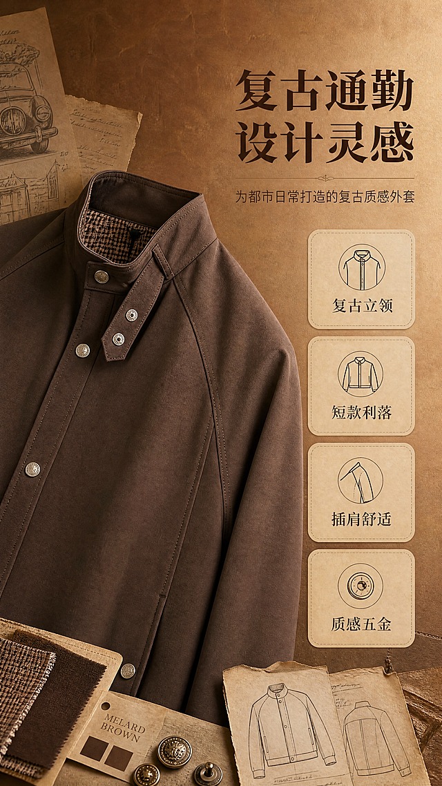 [商品] 使用【图1】美拉德棕色立领短款夹克；商品处理：保留立领、插肩袖、金属按扣、短款廓形、口袋、格纹内里、棕色面料和整体版型结构；自然去除衣身杂乱褶皱与压痕，理顺垂坠，增强面料纹理、缝线、按扣五金质感，不改变版型和颜色。
[画面] 目标：设计理念页，诠释复古通勤设计灵感与风格关键词。构图：竖版9:16，左侧夹克局部（立领+肩部）占画面40%，右侧留白放设计理念文字与风格关键词。主体角度：侧面微仰，突出立领线条和插肩袖结构。前中后景：前景复古设计素材（面料色卡、手绘稿碎片、金属纽扣样品），中景夹克肩部立领局部，后景暖棕渐变背景带细腻纸纹。阅读动线：从左到右，产品局部到文字。
[视觉] 套系策略：风格=美拉德复古高级商业摄影；标题字=现代衬线粗体带复古气质；正文字=简洁无衬线体；主色=焦糖棕；背景延展=基于焦糖棕做深浅层级、同色渐变和细腻皮革/木纹/纸张质感；强调色=奶杏色，仅用于小面积图标、引线和标签底衬；标题色=深棕褐；正文色=暖棕灰；组件=圆角浅棕信息卡、细金线引线、复古标签；光影=右前侧暖柔光，左侧柔和阴影，营造温暖复古氛围。
[文字] 主标题"复古通勤 设计灵感"（8字，深棕褐衬线粗体，位于右上）；副标题"为都市日常打造的复古质感外套"（14字，暖棕灰，主标题下方）；4个风格关键词卡片："复古立领""短款利落""插肩舒适""质感五金"（奶杏色圆角卡片，竖向排列于右侧中部，每个关键词配小图标）。文字均为横排，不遮挡夹克立领和肩部。
[规格] 图片比例9:16竖版，4K，避免变形、错字、文字过小、冷蓝/蓝灰背景、衣服颜色改变、版型失真、白底、平台Logo水印。