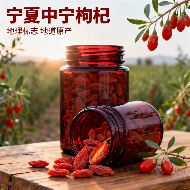[主图 1] 宁夏中宁枸杞首图，食欲感产品展示。
[氛围风格] 原生态自然健康风，温暖治愈
[画质] 商业摄影质感，光线柔和通透，产品清晰真实，画面干净高级
[元素] 深红色玻璃瓶中盛放饱满的宁夏中宁预览效果