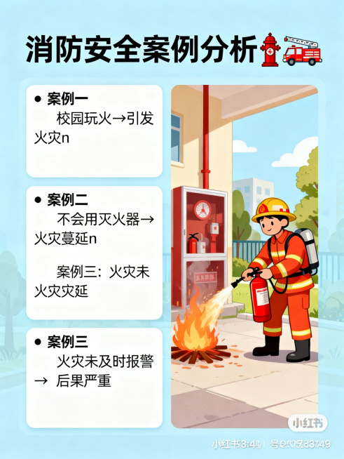 小红书3:4竖版宣传图，消防安全案例分析主题，浅蓝色背景。顶部标题"消防安全案例分析"配消防栓与消防车图标。左侧文字框内容："• 案例一：校园玩火→引发火灾\n• 案例二：不会用灭火器→火灾蔓延\n•预览效果