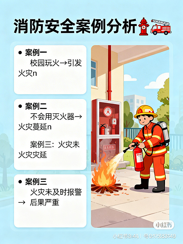 小红书3:4竖版宣传图，消防安全案例分析主题，浅蓝色背景。顶部标题"消防安全案例分析"配消防栓与消防车图标。左侧文字框内容："• 案例一：校园玩火→引发火灾\n• 案例二：不会用灭火器→火灾蔓延\n• 案例三：火灾未及时报警→后果严重"，右侧插画为消防员操作灭火器灭火，搭配校园消防设施场景，风格扁平温馨，突出消防知识实用性，适合教师课件推广