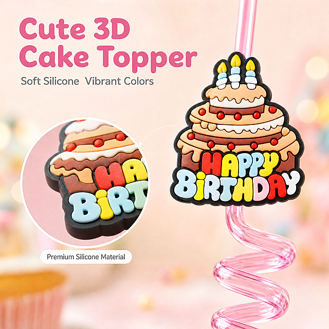 [主图-4] Birthday Cake Spiral Straws Set 细节图1 蛋糕装饰牌微距+材质特写。
[统一基调] 马卡龙粉+奶油白+浅金色生日派对色调，柔和自然光，整体明亮温馨，通透干净，商业摄影质感，字体为圆润无衬线粗体，标题字色深粉色，辅助字色暖灰色，卡片为奶油白底圆角设计。
[画面] 画面主体是一支粉色螺旋吸管的上半部分特写，镜头聚焦在生日蛋糕造型的硅胶装饰牌上，展示其立体浮雕质感、蜡烛细节、糖霜纹理和鲜艳的色彩。装饰牌上的"Happy Birthday"字样清晰可见，蛋糕层叠结构、蜡烛火焰、彩色糖粒等细节都清晰呈现。背景是虚化的浅奶油粉色，突出主体细节。旁边有一个圆形放大圈，进一步放大展示装饰牌的边缘硅胶材质纹理。
[光影质感] 柔和侧光突出装饰牌的立体感和材质质感，硅胶表面有微哑光质感，边缘圆润，色彩饱满鲜艳，整体画面精致清晰。
[配色] 主色调粉色+奶油白，装饰牌本身的多彩颜色作为视觉焦点，背景浅粉虚化，整体和谐。
[文字版式] 画面左上角标题 "Cute 3D Cake Topper" 深粉色圆润粗体大字，下方小字 "Soft Silicone  Vibrant Colors" 暖灰色。放大圈旁有小标签 "Premium Silicone Material"。文字不遮挡产品主体细节。
[输出要求] 比例1:1，2048x2048，文字清晰可读，产品细节清晰锐利。负向：变形、错字、模糊、杂乱、水印、平台Logo、中文文字。