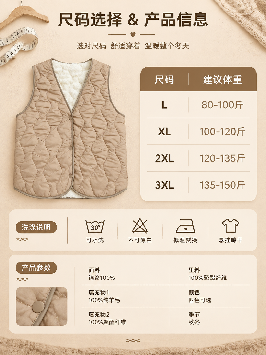 [商品] 使用【图1】卡其色V领波浪绗缝加绒马甲（正面平铺）；… - 图片创意预览