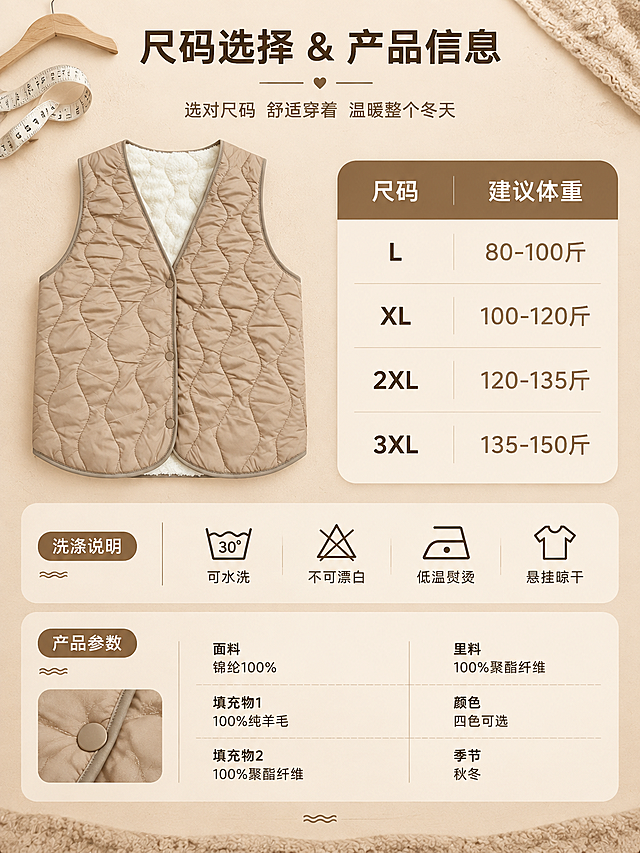 [商品] 使用【图1】卡其色V领波浪绗缝加绒马甲（正面平铺）；商品处理：保留V领、波浪绗缝纹路、三粒按扣、包边设计、内里毛绒、卡其色面料；自然去皱，理顺版型，增强面料纹理和按扣质感，不改变版型结构。
[画面] 目标：尺码与产品信息页，方便消费者选码。构图：左侧为马甲正面平铺图（占画面40%），右侧为尺码表格；底部为洗涤说明和产品参数信息；背景为米杏色哑光纸张质感，有细棕线分隔区域；左上角有小衣架和软尺道具装饰。
[视觉] 套系策略：风格=国内电商高级暖调商业摄影；标题字=思源黑体Bold粗体；正文字=思源黑体Regular常规体；主色=暖卡其棕；背景延展=基于暖卡其棕做深浅层级、米杏渐变和细腻织物/哑光纸张质感；强调色=奶白色，仅用于小面积图标、引线和标签底衬；标题色=深棕褐；正文色=暖中灰；组件=圆角浅底信息卡、细棕线引线、羊毛纹理装饰边；光影=正上方均匀柔光，清晰展示表格。
[文字] 顶部主标题「尺码选择 & 产品信息」；右侧尺码表：表头为「尺码 | 建议体重」，内容行依次为「L | 80-100斤」「XL | 100-120斤」「2XL | 120-135斤」「3XL | 135-150斤」；底部洗涤说明图标+文字：「可水洗」「不可漂白」「低温熨烫」「悬挂晾干」；产品参数区：面料=锦纶100%、填充物1=100%纯羊毛、填充物2=100%聚酯纤维、里料=100%聚酯纤维、颜色=四色可选、季节=秋冬。
[规格] 图片比例3:4竖版，4K分辨率，medium质量。避免变形、错字、文字过小、表格模糊、极限词。