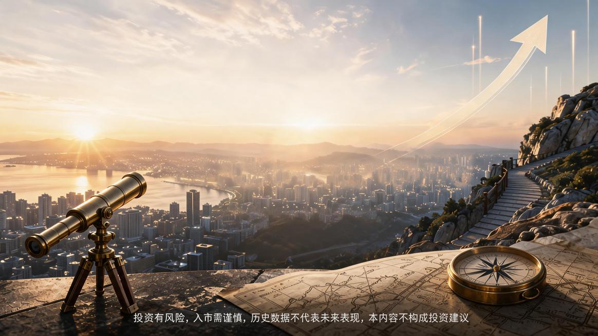 删除图片中所有文案：“财经趋势前瞻解读，立足长远布局 进入直播间”，保留底部小字“投资有风险，入市需谨慎，历史数据不代表未来表现，本内容不构成投资建议”，保留原图其余所有元素（望远镜、指南针、地图、城预览效果