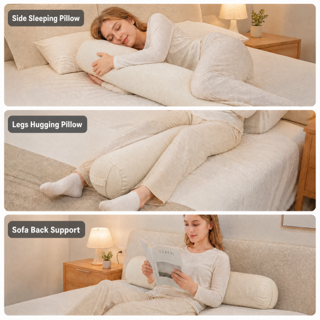 Replace the grey body pillow in image 10 with the cream-colored velvet long pillow from image 11. Ke预览效果