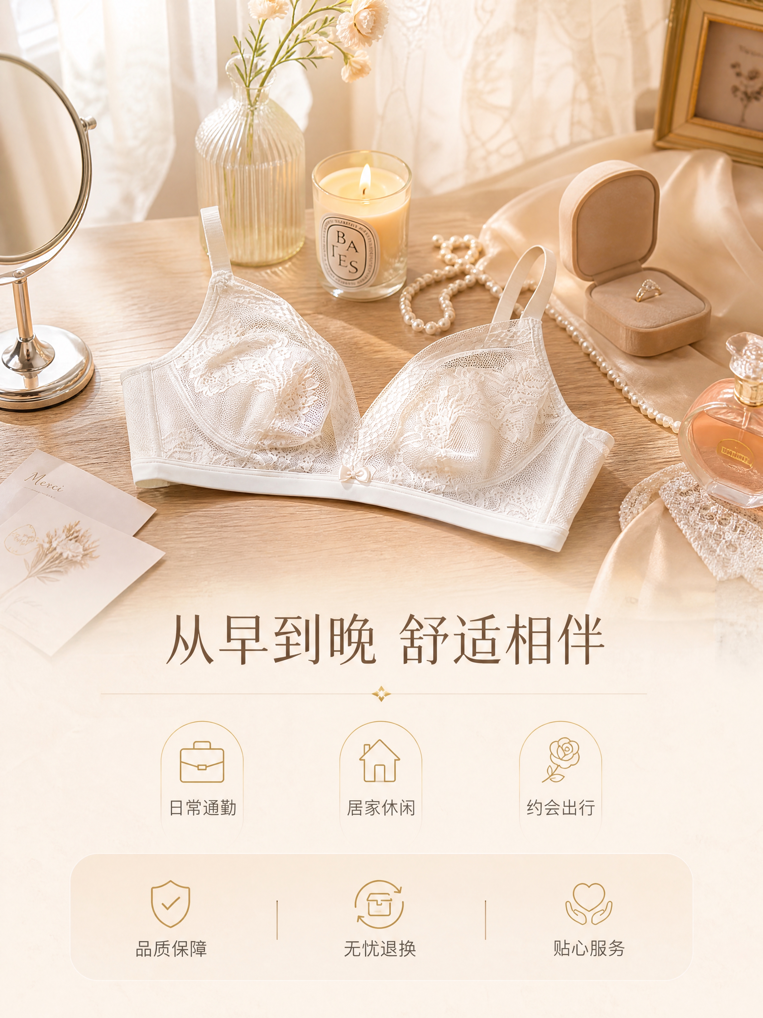 [商品] 使用【图3】奶白色蕾丝网纱文胸；商品处理：保留V型领… - 图片创意预览