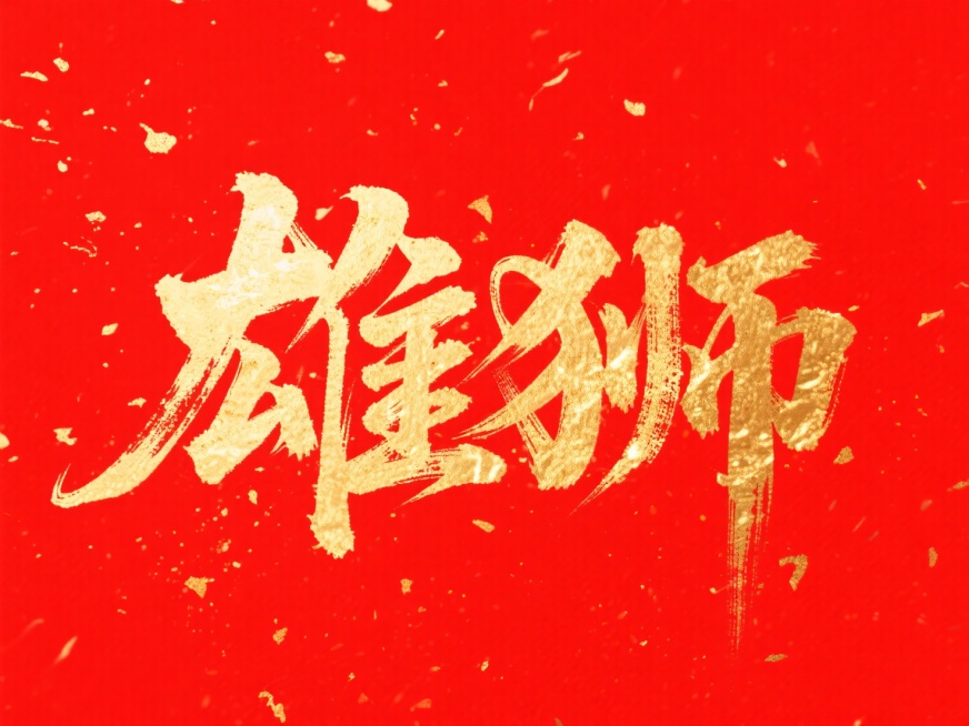 文案“雄狮”，金色字体，红色背景，洒金。红金配色预览效果