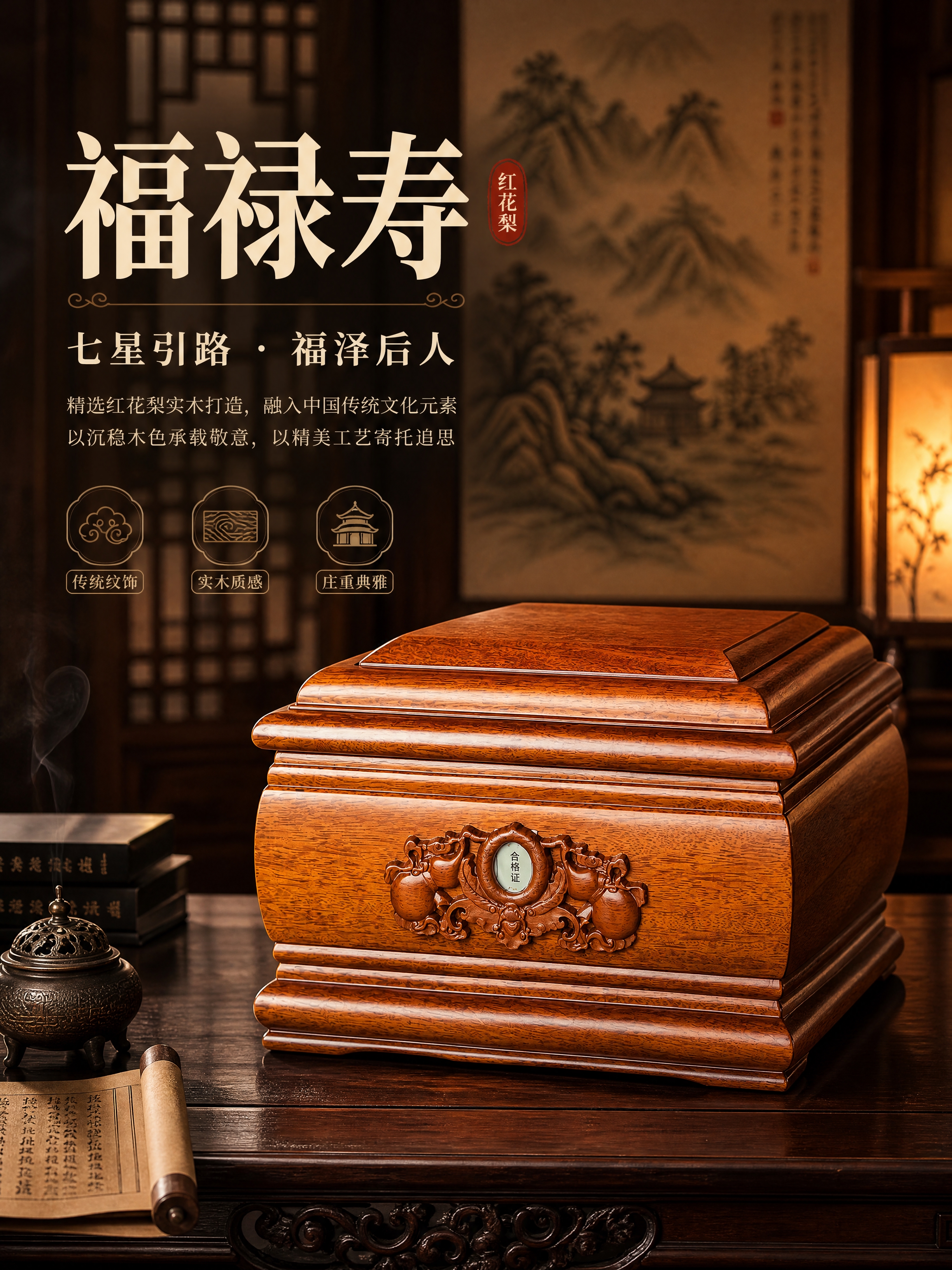 [商品] 使用【图1】福禄寿红花梨实木骨灰盒；保留整体结构、比… - 图片创意预览