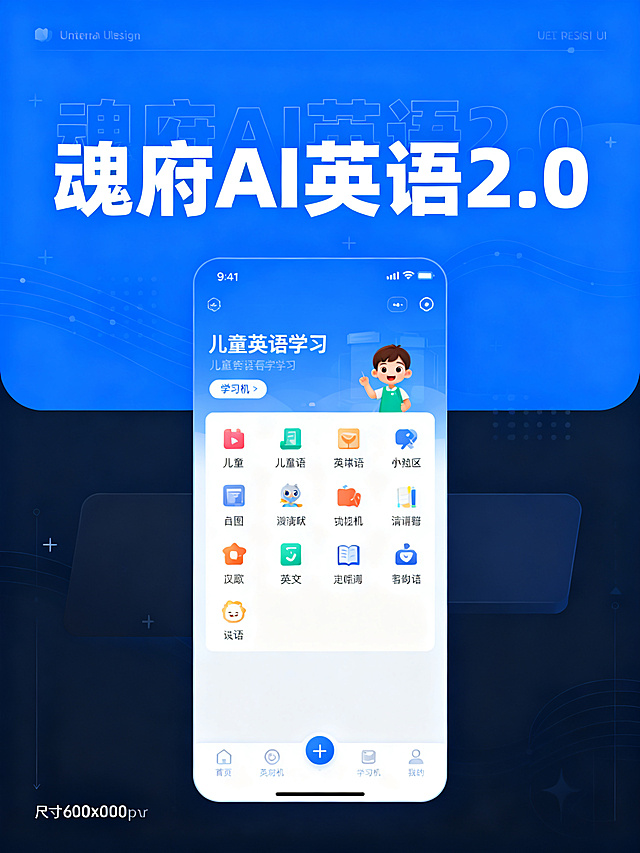 学习机界面菜单图片，界面顶部显示大标题"魂府AI英语2.0"，现代简洁UI设计，蓝色科技风，清晰的菜单布局，适合儿童英语学习，整体清晰干净，尺寸600x800像素