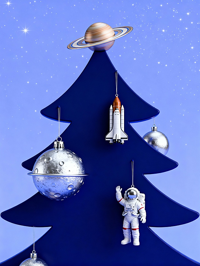 深蓝色树身搭配银色、星球挂饰，顶部用土星环代替星星，悬挂宇航员、火箭模型小挂件，星空背景