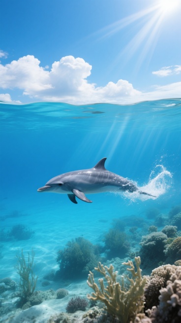 一张写实风格的海洋主题摄影作品，画面以清澈透亮的蓝色为主色调，上半部分是晴朗的天空，漂浮着几朵蓬松的白云，阳光明媚；下半部分是碧蓝的海水，一只海豚正优雅地在水中游动，它的身体呈现出光滑的灰色，带有自然的光泽，尾鳍摆动溅起白色的水花，周围的海水清澈见底，可以看到海底形态各异的珊瑚礁和摇曳的海草，阳光透过海水形成一道道明亮的光束，整个画面营造出宁静、自由、充满生机的氛围，视觉焦点集中在姿态优美的海……预览效果
