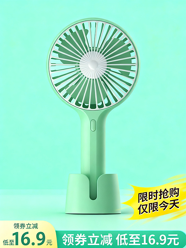 马卡龙绿色手持迷你风扇，带充电底座，薄荷绿背景，光影柔和，在画面角落添加黄色“限时抢购 仅限今天”的动态风促销标签，底部添加“领券立减 低至 16.9 元”的价格横幅，ins风简约产品，带有促销氛围，高清