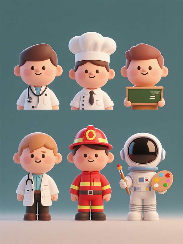6个不同职业的3D卡通风格人物头像集合，保持圆润可爱的造型、明亮温暖的光影、柔和的渐变色彩和光滑的材质感，人物表情生动友好，分别穿着对应职业的典型服饰（如医生的白大褂与听诊器、厨师的白色厨师服与厨师帽、消防员的红色消防服与头盔、教师的衬衫与领带、宇航员的宇航服、画家的工作服与画笔），统一在纯色背景上规整排布成系列集合，整体风格统一和谐，充满童趣与亲和力。