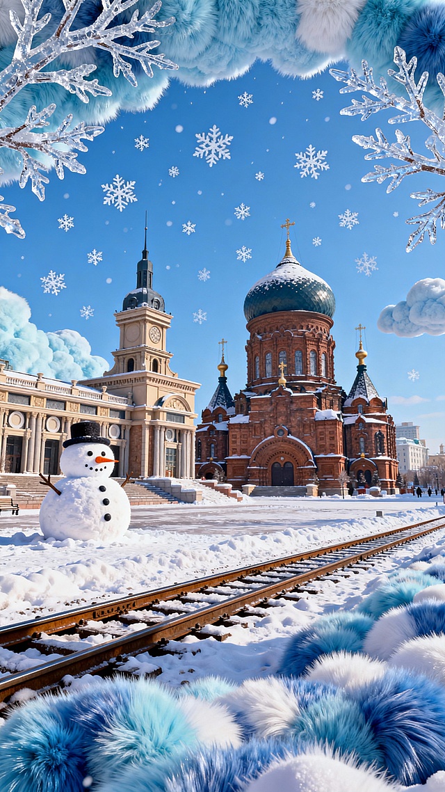 以 “柔绒重构冬日建筑” 为灵感：将俄式穹顶教堂、铁轨覆上蓬松雪绒，用毛绒质感的雪花、云团作衬，再缀以软绒雪人，打破现实冬日的冷硬，以纤维的暖糯包裹建筑的庄重，让肃穆的异域建筑落进童话般的柔软雪境，既保留建筑的辨识度，又以毛绒材质重塑冬日氛围，织就一场 “庄重与软萌共生” 的冬日绮梦。