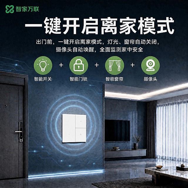 将图中墙上的四开开关面板替换为三开开关产品素材，严格忠实于三开素材的原始结构和点位：左侧一个大按键，右侧上下两个小按键，共三键布局；左键下方1个小圆点指示灯，右上键下方2个小圆点指示灯（并排），右下键下方3个小圆点指示灯（品字形排列）。产品面板调白一些，更白净，保持自然的钢化玻璃质感。开关安装在墙上的位置和角度与原图一致，周围的蓝色信号光圈效果保留。其他所有元素（背景客厅场景、智家万联Logo、标题"一键开启离家模式"、副标题、四个绿色图标、门、电视、窗帘、家具等）全部保持不变。产品结构和点位严格按三开素材来，不得出错。1:1正方形比例，文字清晰，产品自然。禁止变形、错字、模糊、水印。