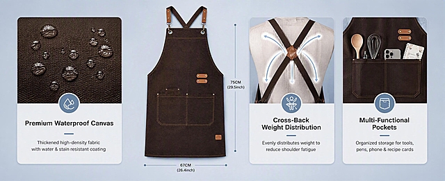Amazon Premium A+ desktop core features page. Deep coffee brown waterproof canvas work apron centered, front view, 67cm wide x 75cm long proportion. Three feature columns flanking the apron product. Left column shows waterproof fabric demonstration with water droplets beading on canvas surface, title "Premium Waterproof Canvas", description "Thickened high-density fabric with water & stain resistant coating". Middle-top shows cross-back strap detail with ergonomic diagram, title "Cross-Back Weight Distribution", description "Evenly distributes weight to reduce shoulder fatigue". Right column shows multi-pocket storage with items inside, title "Multi-Functional Pockets", description "Organized storage for tools, pens, phone & recipe cards". Light gray-blue gradient background, modern card-based layout, commercial photography quality. English text only, clean typography. 61:25 wide ratio, ultra high definition.