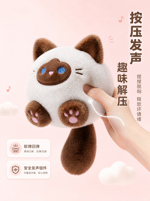[主图-2] 核心亮点功能展示图 按压发声趣味解压卖点导图；[氛围风格] 清新可爱 软萌治愈；[画质] 商业摄影质感 细节清晰 光影柔和；[元素] 单只白棕配色毛绒猫咪挂饰放置在浅粉色渐变背景中央 一预览效果