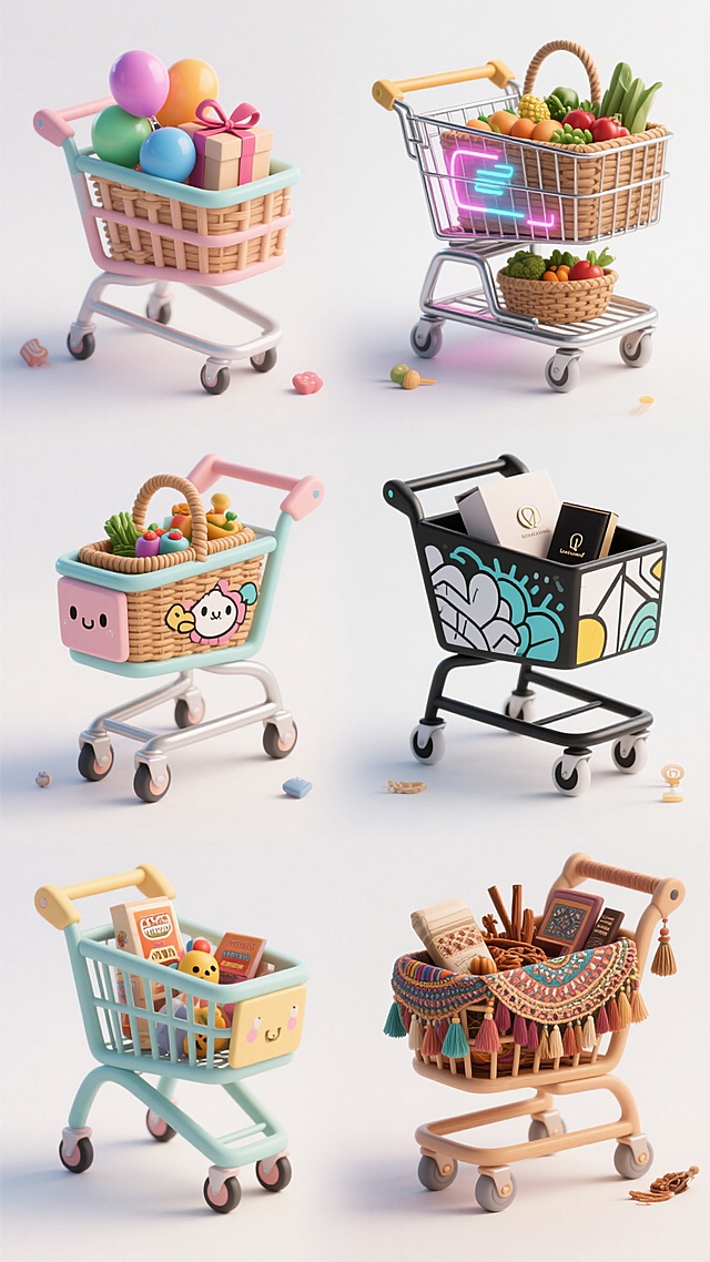 6个不同外观、色彩、风格的购物车整齐排列，每个购物车各具特色：第一个是马卡龙色系的复古藤编购物车，装满彩色气球和丝带礼盒；第二个为金属质感的赛博朋克风购物车，搭配霓虹灯光和未来感商品；第三个是木质田园风购物车，装有新鲜蔬果和编织篮；第四个是卡通涂鸦风格购物车，车身有可爱图案，内放玩具和零食；第五个是极简黑白几何购物车，线条利落，放置简约包装的奢侈品；第六个是波西米亚民族风购物车，装饰流苏和花纹，装满手工制品和香料。所有购物车保持统一的三维立体感和圆润造型，光影柔和，背景为纯净白色，每个购物车周围点缀与自身风格匹配的小元素，整体呈现出丰富多样又和谐统一的视觉效果。
