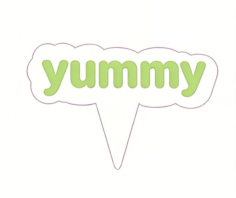 修改这个蛋糕插牌，只保留英文名称"yummy"，换成清新春天色系配色，使用嫩绿色搭配奶白色，保持云朵状不规则轮廓和底部插杆的样式，简约清新，适合春日蛋糕装饰，纯白背景预览效果