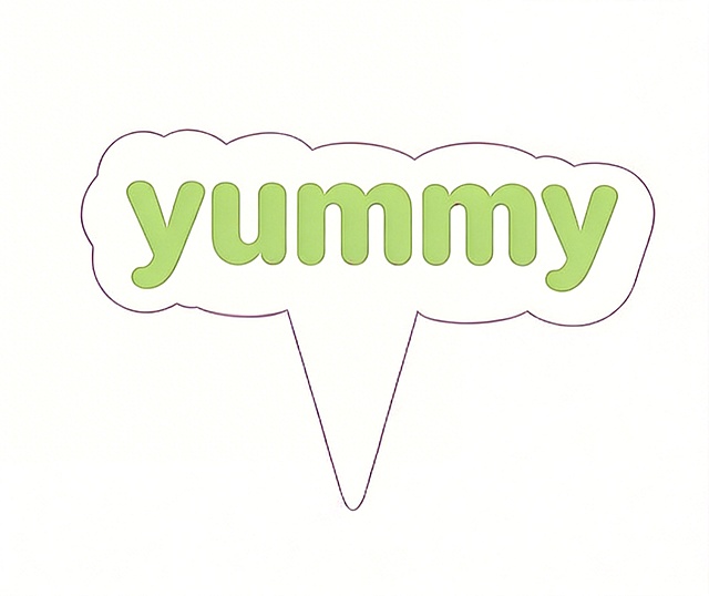 修改这个蛋糕插牌，只保留英文名称"yummy"，换成清新春天色系配色，使用嫩绿色搭配奶白色，保持云朵状不规则轮廓和底部插杆的样式，简约清新，适合春日蛋糕装饰，纯白背景