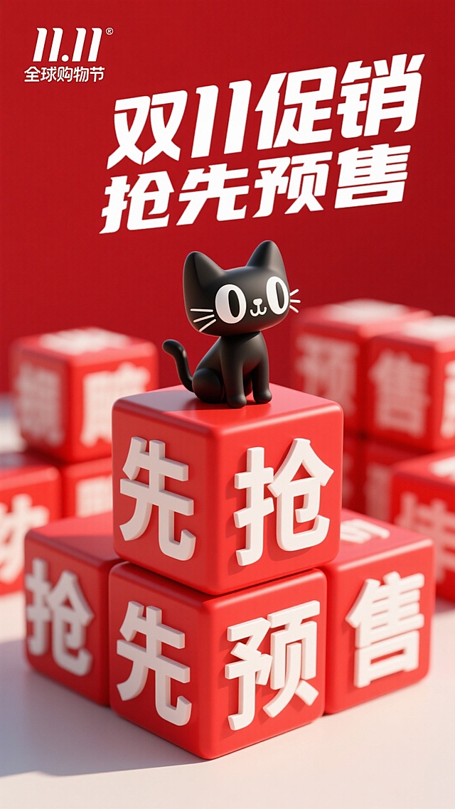 背景为红色。画面中有多个红色立方体叠放，上面的不同面印有白色的 “双 11 促销”“抢先预售” 等字样。左上角有 “11.11 全球购物节” 的标识。中间偏上位置有一个黑色的卡通小猫形象，坐在立方体上。