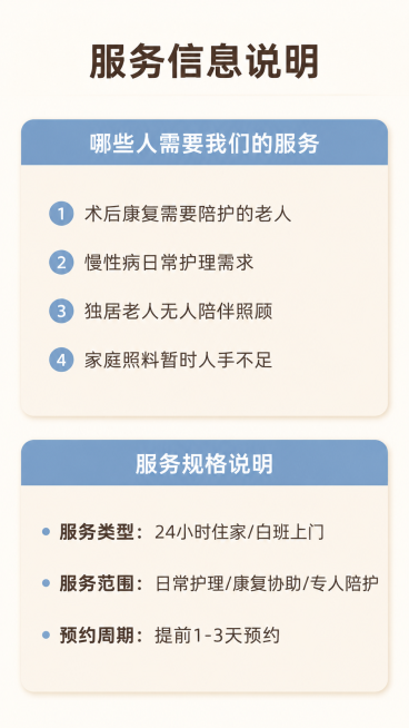 [第6屏] 服务规格与适用人群说明。
[氛围/风格] 清晰信息卡风格，温暖简约，层次分明，整体和谐统一。
[元素布局] 顶部主标题，画面分为上下两个信息块：上半部分是适用人群，下半部分是服务规格。每个预览效果