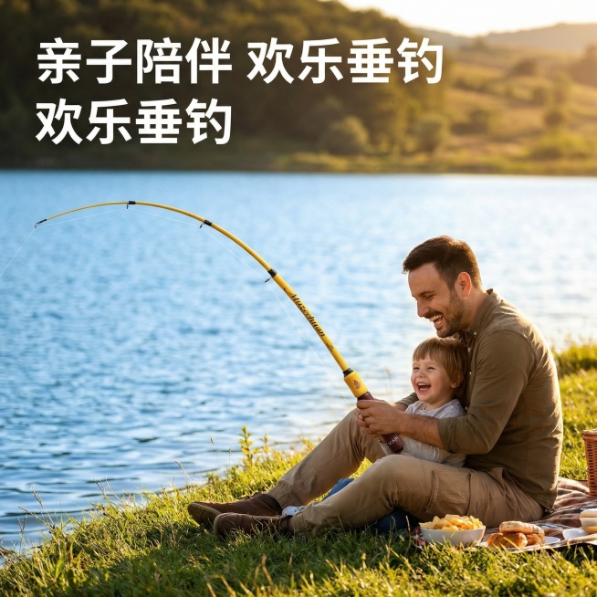 [主图 4] Muzechuan小物鱼竿亲子互动场景体验
[氛围/风格] 温馨欢乐户外野餐钓鱼场景，自然阳光，温馨快乐
[画面元素] 画面右下角一位爸爸和一个孩子一起在湖边草地上快乐钓鱼，Muzech预览效果