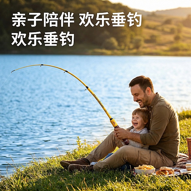 [主图 4] Muzechuan小物鱼竿亲子互动场景体验
[氛围/风格] 温馨欢乐户外野餐钓鱼场景，自然阳光，温馨快乐
[画面元素] 画面右下角一位爸爸和一个孩子一起在湖边草地上快乐钓鱼，Muzechuan小物鱼竿（保留原图外观）稳稳握在两人手中共同操作，背景是开阔湖面远山，阳光温暖洒在人物和鱼竿上，整体氛围欢乐温馨，产品外观与原图保持完全一致
[配色色系] 自然绿色草地，蓝色湖水，暖金色阳光，保留产品黄棕配色
[视角构图] 中景平视，景深适中，人物和鱼竿都是焦点，整体自然和谐
[文字版式] 左上角文字 "亲子陪伴 欢乐垂钓"，字体白色粗体，文字在天空留白区域不遮挡主体，自然不突兀
[比例分辨率] 1:1 比例，2k 分辨率