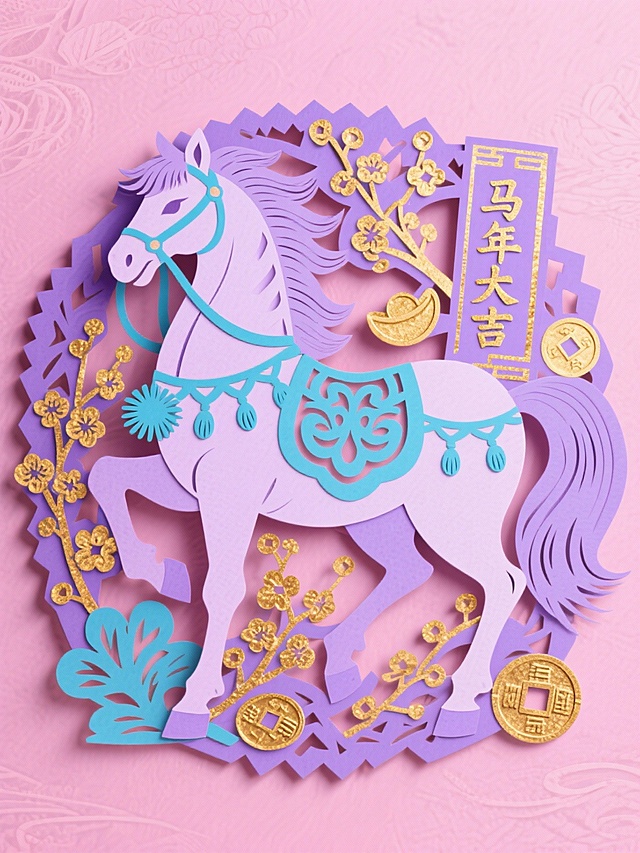 主体是浅紫骏马（装饰湖蓝纹样、绒球配饰，点缀金箔质感），周围环绕金梅、兰花、铜钱、春联（上面写着“马年大吉”）等吉祥元素，背景为藕荷色纹理，配色浓烈鲜艳（浅紫、湖蓝、藕荷、金等），风格喜庆华贵、充满传统吉祥寓意