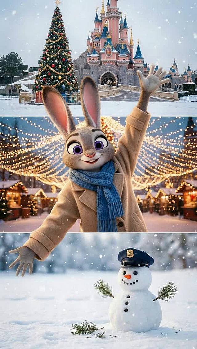 兔子穿米色廓形大衣、蓝色围巾，面向镜头微笑。三宫格冬季雪天场景，三宫格的高度完全相等：第一张是游乐园城堡场景，屋外有一颗圣诞树；第二张为冬季户外场景，有很多节日彩灯；第三张为冬季户外雪地场景，雪地上有一个戴警帽的可爱雪人，雪人旁散落几片松针。