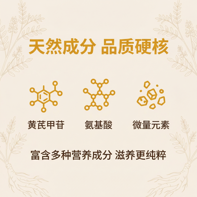 [成分展示主图] 1:1正方形电商黄芪成分主图，延续轻国风养生风，不展示完整产品，以成分可视化呈现。画面主体为浅米色背景，搭配黄芪核心成分拆解图标：分别为黄芪甲苷、氨基酸、微量元素，图标整体使用琥珀黄预览效果