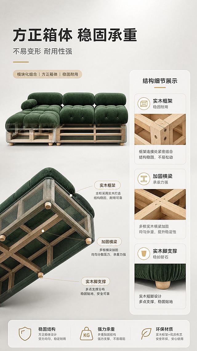 [商品] 使用【图1】墨绿色布艺模块组合沙发；保留模块化造型和整体外观；展示沙发底部方正箱体结构和内部框架示意（半透明透视效果展示内部实木框架）。
[画面] 目标：结构承重解析，展示方正利落箱体结构的稳固性。左图右文构图，左侧为沙发侧视+底部透视效果，可看到内部实木框架结构、加固横梁和支撑脚分布；右侧为结构说明区，配3个结构细节小图（框架连接处特写、实木脚特写、箱体侧板特写）；背景为浅灰渐变，干净专业。
[视觉] 套系策略：风格=现代轻奢明亮风商业摄影；标题字=现代无衬线粗体；正文字=简洁无衬线体；主色=暖白+浅灰+墨绿；背景延展=基于暖白和浅灰做深浅层级、同色渐变和细腻哑光质感；强调色=暖金色，仅用于小面积图标、引线和标签；标题色=深炭灰；正文色=中暖灰；组件=圆角浅底信息卡、细线引线、胶囊标签；光影=右前侧暖柔光，明亮通透。
[文字] 顶部主标题"方正箱体 稳固承重"，副标题"不易变形 耐用性强"，右侧配3个结构卖点"实木框架 稳固耐用""加固横梁 承重力强""短脚设计 稳如磐石"，每个卖点配小图标。文字横向排版，清晰易读。
[规格] 图片比例9:16竖版，4K，避免变形、错字、文字过小、冷蓝背景、产品颜色改变、结构失真、绝对化用语。