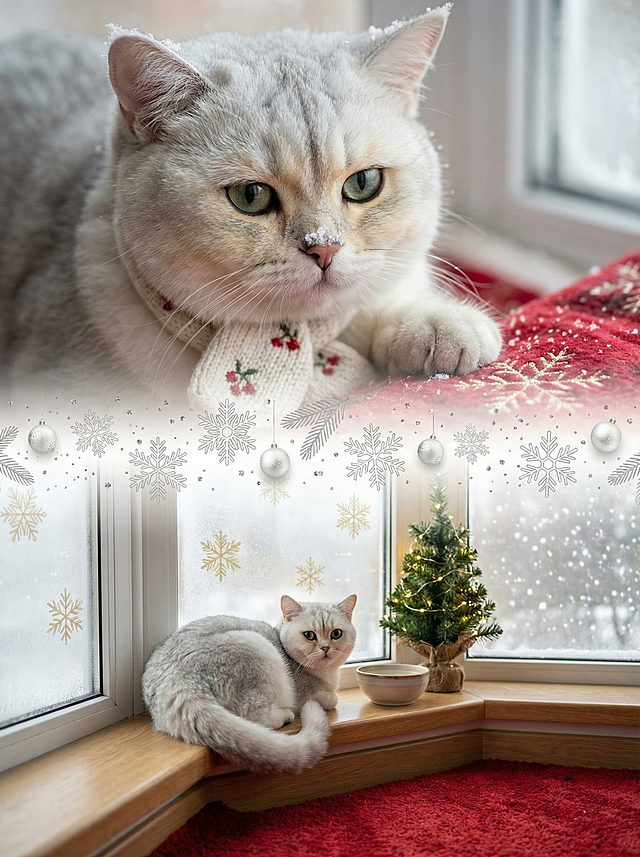 上宫格：大特写镜头，银渐层英短正脸特写，浅灰色绒毛蓬松柔软，眼周一圈淡金色毛发像描了眼影，佩戴着米白色针织小围巾，围巾边缘绣着细小红果图案，鼻尖粉嫩，沾着几粒细碎雪粒，爪子轻搭在缀有雪花刺绣的红色法兰绒地毯上，耳尖落着薄薄一层雪。
中间衔接元素：大面积雪花图标层叠交织，雪花边缘银白描边，中间点缀迷你白色圣诞球与松针图案，雪花间隙飘着细碎的银色亮片，将上下画面柔和衔接，营造出雪夜圣诞的治愈氛围感。

下宫格：中景镜头，银渐层英短蜷坐在窗边的木质飘窗台上，尾巴轻轻搭在身体上，身后是挂着霜花的落地窗，窗户贴着浅金色雪花窗花，窗台上摆放着一个迷你圣诞树摆件，缠绕着暖白小彩灯，旁边放着一个装着温水的陶瓷小碗，窗外雪花缓缓飘落，地面铺着红色毛绒地毯。