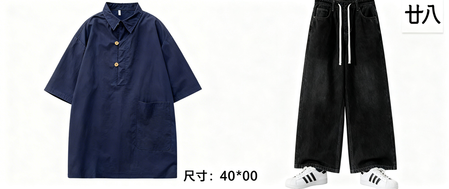 修改服装店轮播图，保持简约风格，修正右侧裤子版型为原图的黑色抽绳阔腿牛仔裤样式，整体保持尺寸950*400，右上角保留店标“廿八”，左侧保留藏蓝色短袖衬衫，让整体布局自然不单调预览效果